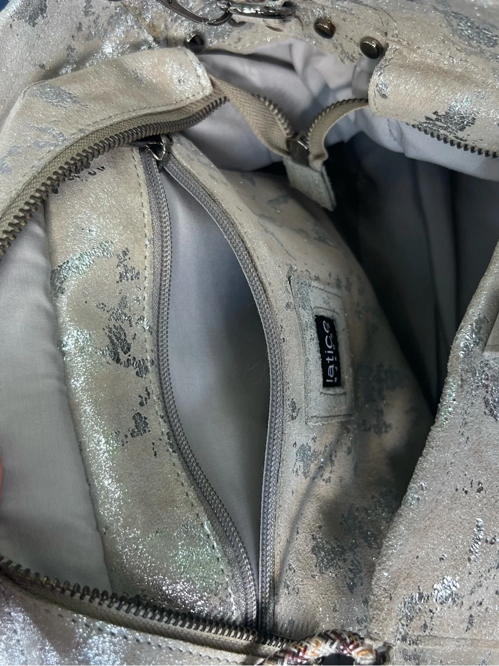 latico Metallic Gray Satchel with Front Zip Pockets